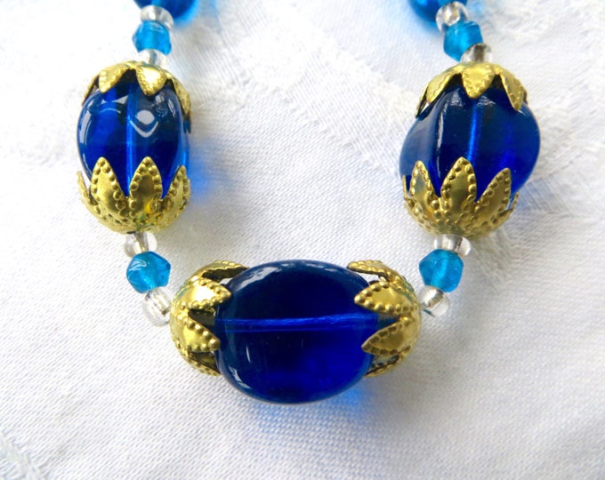 Art Deco Glass Necklace, Cobalt Blue Czech Beads, Filigree Caps, Vintage Art Deco Jewelry