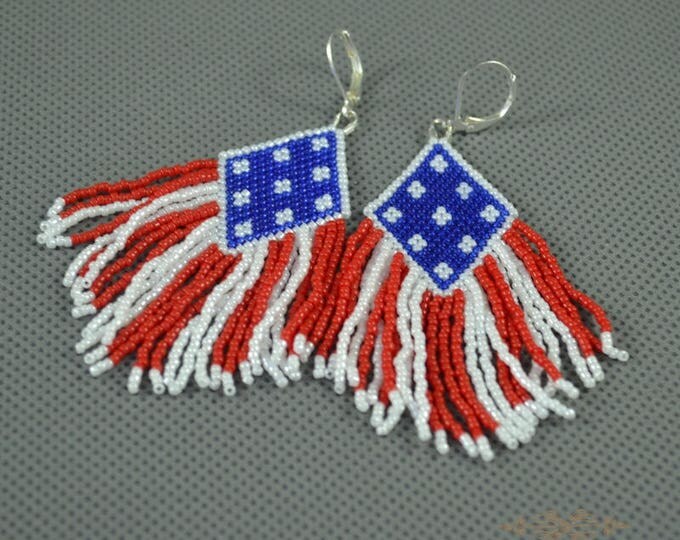 Flag earrings 4th July Native American Red blue white Fringe earrings Beaded earrings Patriotic earrings Seed bead earrings Independence day
