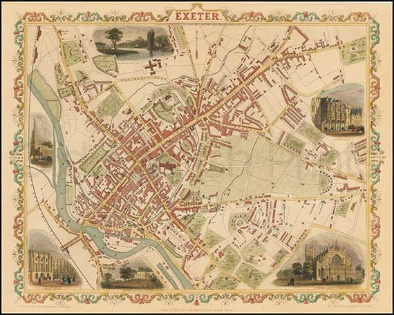 Exeter 1851 Antique English Map of Exeter 8 x 10 ins PRINT