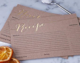 Set Of Hand Pressed Foil Recipe Cards - Recipe Box Cards - Cookery Lover Gift - Gift for Chef - Family Recipe Cards - Recipe Cards Set