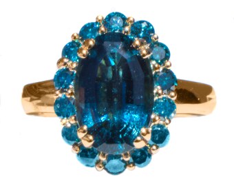 Very Rare Natural Blue Indicolite Tourmaline and Diamond Ring
