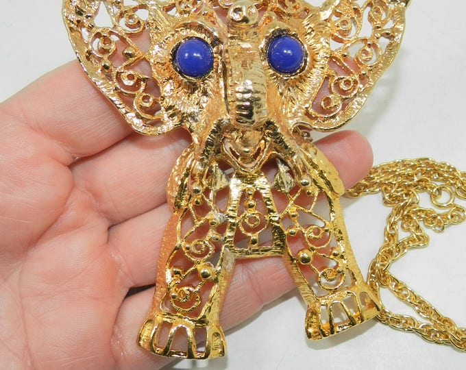Juliana D&E Articulated Gold and Blue Elephant Pendant Necklace Large Animal Gold Filigree Verified Book Piece Jewelry Gift For Her