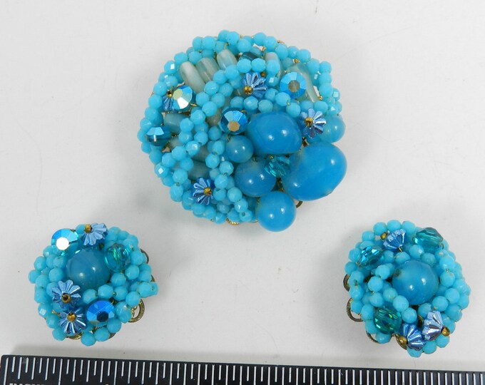 Miriam HASKELL Aqua Blue Seed Bead Brooch Czech Glass Unsigned Early Piece, Collectible Vintage Costume Jewelry, Rare Hard to Find