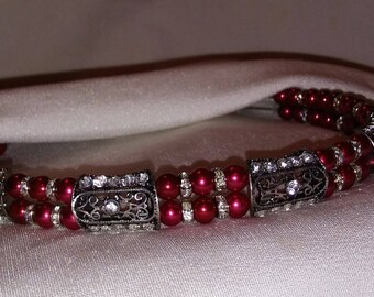 Fancy! Sophisticated  Browband for Horse Bridle. Red, Crystal, Pearls. Bling English or Dressage Browband Or For Western Headstall, Tack