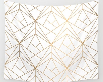 Geometric Gold Pattern Wall Tapestry, White Wall Tapestry, Wall Hanging, Gold Wall Tapestry, Tapestry, Bohemian Hanging, Boho Wall Tapestry