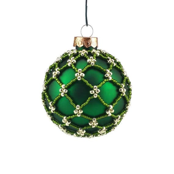 Christmas Ornament beaded bauble Green and Silver colours.