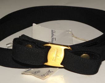Vintage Salvatore Ferragamo Belt / Black Grosgrain Ribbon BOW / Made Italy / Nordstrom new old stock / gold LOGO size XL