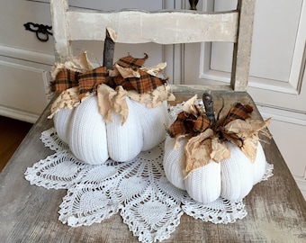 Sweater pumpkins set of 2 off white/cream fabric pumpkins white pumpkins farmhouse style falldecor