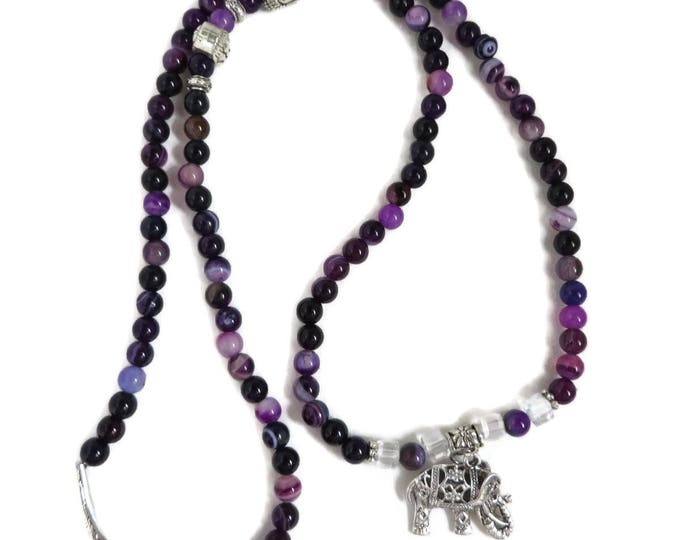Elephant Pendant Necklace, Purple Bead Necklace, Silvertone Elephant Charm Necklace