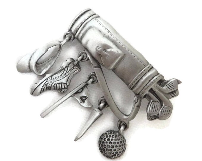 Golf Bag Brooch, Pewter Pin, Vintage Signed J Jonette Pin, Dangling Golf Accessories, Golfer Gift