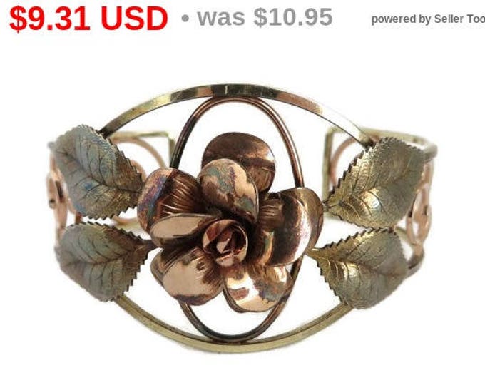 Copper Rose Cuff Bracelet, Vintage Two Tone Flower Bracelet