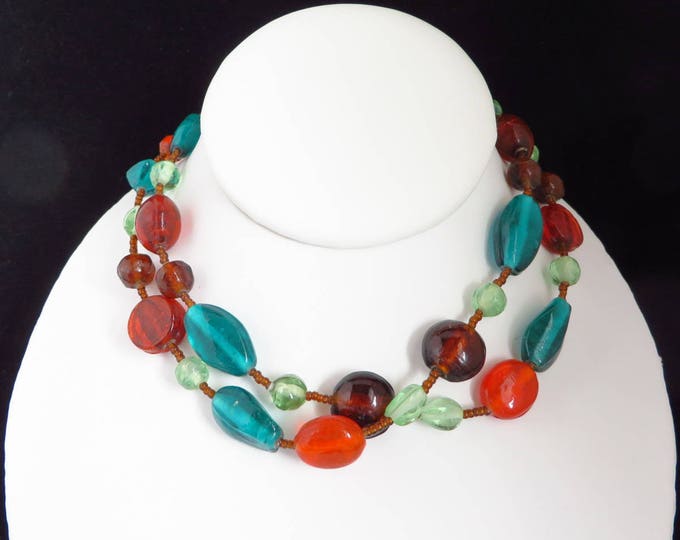 Vintage Multicolor Beaded Necklace, Long Boho Bead Necklace
