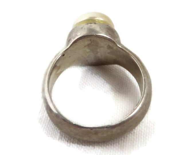 Vintage Pearl Ring, Sterling Silver Wide Band Antique Finish Estate Ring Size 6