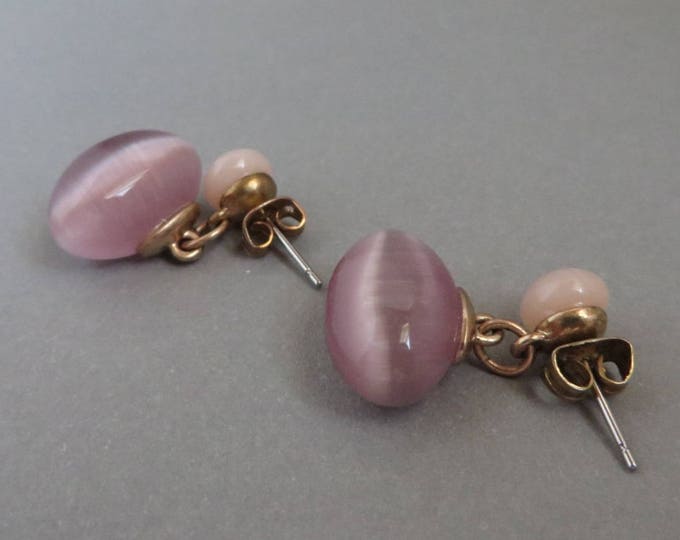 Pink Moonstone Earrings, Vintage Dangling Lavender Pink Pierced Stud Earrings