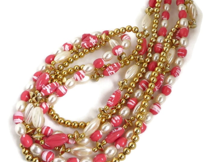 Vintage Boho Bead Necklace, Multistrand Pink, White, Gold Tone Beaded Necklace