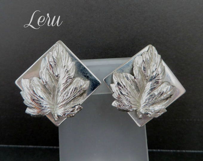 Leaf Earrings, Square Leaf Earrings, Signed LERU Silver Tone Earrings, Clip-on Earrings, Gift for Her