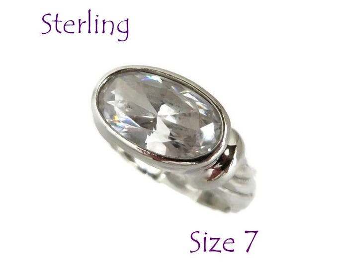 Sterling Silver - Oval CZ Engagement Ring, Vintage Sterling Silver Ring, Anniversary Ring, Size 7