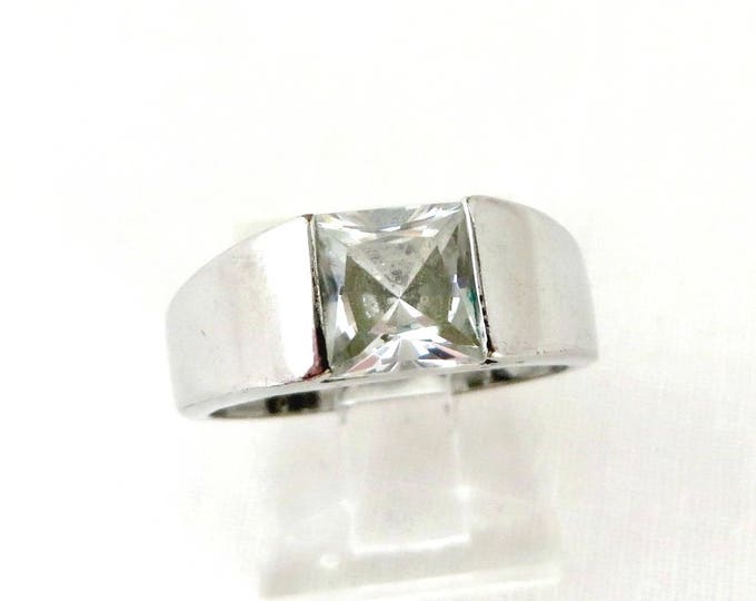 Vintage Sterling Silver Topaz Ring, Modernist Princess Cut Topaz, Size 7