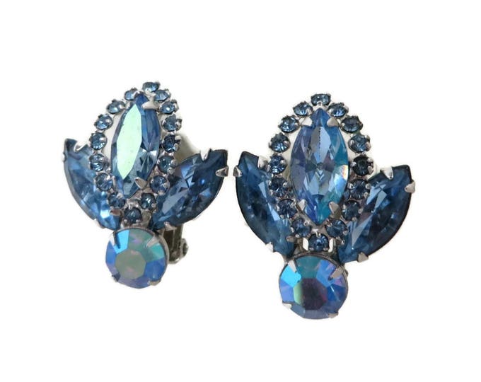 Blue Rhinestone Earrings - Vintage Jewellery, Silver Tone Clip-ons, Bridal Earrings, Signed Weiss Jewelry, Gift for Her, Gift Boxed Blue Rhinestone Earrings - Vintage Jewellery, Silver Tone Clip-ons, Bridal Earrings, Signed Weiss Jewelry, Gift for Her, Gift Boxed