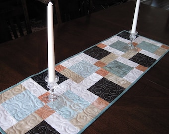 Modern Quilted Table Runner - aqua, salmon, brown, black, cream, white table runner