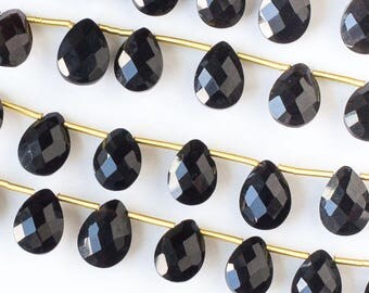 Gemstone Briolette Beads - Black Onyx - Faceted Hand Cut - Grade AAA - 7x10mm - Top Drilled Horizontal 1mm - 02 pieces per order