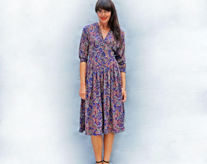 Vintage Paisley Dress, Casual Everyday Dress, Purple Midi Dress, Dress With Sleeves, Autumn Dress, Day Dress, Bohemian Dress, 1970s Dress