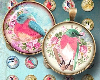 Birds digital collage sheet, watercolor birds, 1 Inch Circles - Round Images - Bottle cap Images - Magnet - Button - Pin - Jewelry Supplies