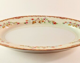 Vintage National China L' Automne 12 Inch Oval Serving Platter. White with Orange, Purple & Brown Flower Sprays. Shower and Wedding Gift.