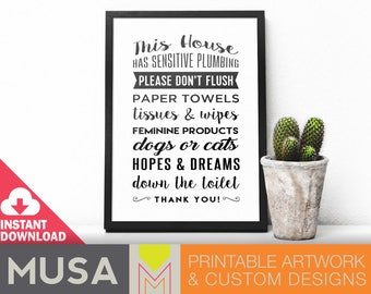 Don't Flush sign /sizes 4x6, 5x7 and 8x10 included / INSTANT DOWNLOAD