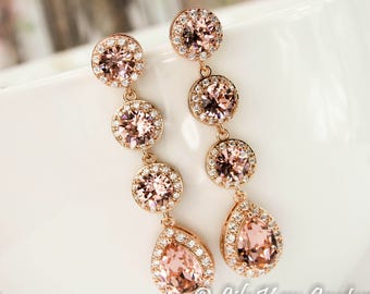 Morganite Earrings Rose Gold Earrings Rose Gold Morganite Long Bridal Earrings CZ Bridal Earring Statement Wedding Earring Rose Gold Crystal