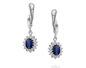 Blue Sapphire Earrings-Diana Style Earrings-Diamond Earrings with Sapphire-Sapphire Drop Earrings-Women's Jewelry-vintage earrings -