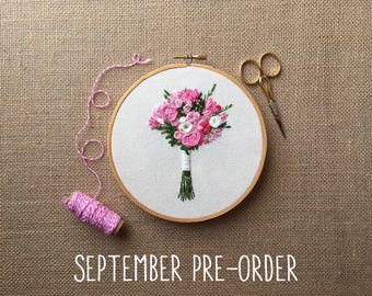 Reserved for Pamdillashaw- September PRE-ORDER Spot 2 - Embroidered Bridal Bouquet Portrait Custom Hoop Art. Hand Embroidery. Wedding Cotton