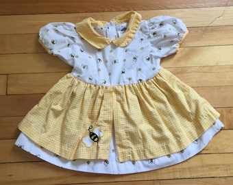 Vintage 1980s Baby Infant Girls Yellow Gingham Bumblebee Bee Dress! Size 12 months