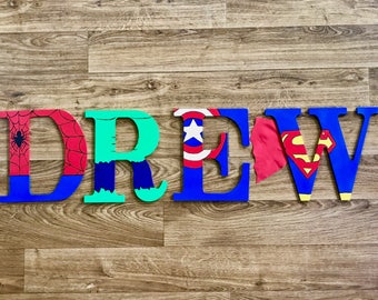 Superhero Wooden Letters, Wall Decorative, Ironman, Captain American, Superman, Green Lantern, Hulk, Batman, Spiderman,