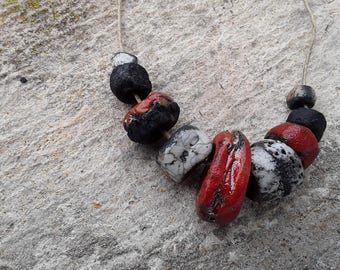 raku ceramic 6 beads: Red Black White