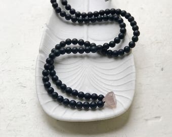 Mens black bead necklace, Black onyx pendant necklace for men, Black mala beads, Lotus pendant, Grey smoky quartz, 108 beads
