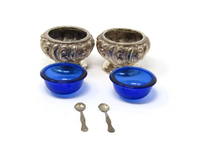 Silver and Cobalt Blue Salt Cellar with Silver Spoon by Weidlich Bros. - Set of 2 Cobalt Blue Master Open Salt Dip Cellar