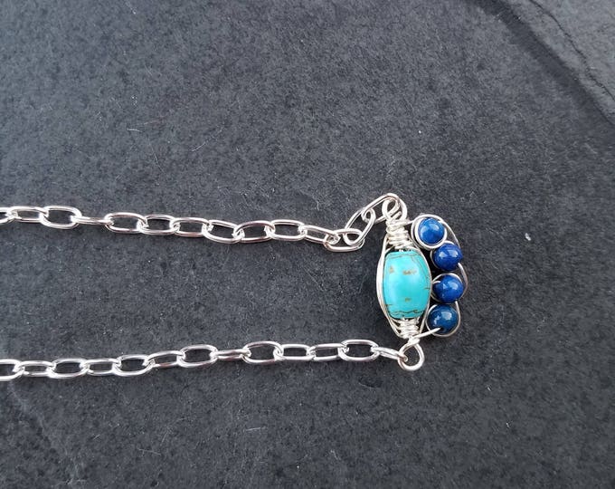 Light blue and dark blue wire wrapping Sterling silver necklace, light blue jewelry, dark blue jewelry, Wire wrapping necklace