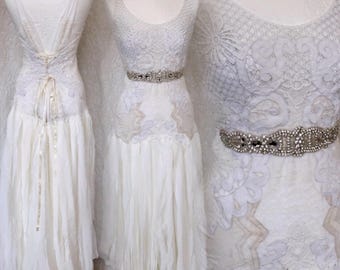 Boho wedding dress lagenlook,Bridal gown french lace,repurposed wedding laces, handmade wedding dress, love wedding dress,farm weddings