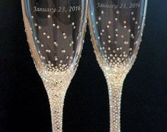 Champagne Wedding Flutes, Set of 2, Wedding glasses, Bride and Groom, Swarovski Crystals, Brilliant Wedding, champagne glasses, hand painted