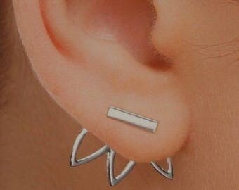 Lotus flower earrings, bar earring & ear jacket. Gold lotus earrings or Silver flower jacket earrings, stud, jacket, popular, minimalist