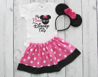 My First Disney Trip - Minnie Mouse in pink polka dots - onesie and skirt, girl dress, minnie mouse dress, minnie ears