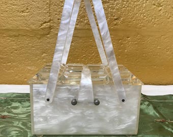 1950s White Lucite Handbag, Midcentury Box Bag