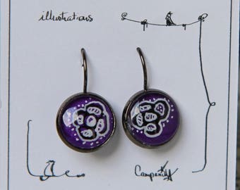 Hand painted * original illustration hand painted earrings * lever Earrings * purple flowers