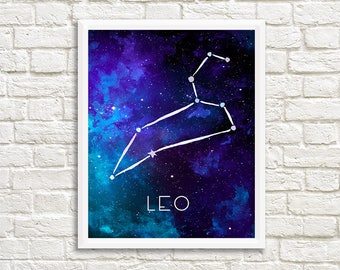 Leo Constellation, Art Print, Watercolor, Blue, Aqua, Aquamarine, Night Sky, Space, Stars, Horoscope, Digital File, Instant Download