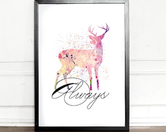 Harry Potter Print, Always, Harry Potter Always, Deer Watercolor, giclee art print, wall decor, J.K Rowling