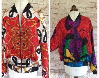 Vintage Bomber Jacket Blouson Reversible Abstract Picasso And Bright Equestrian Bohemian Boho Chic Festival Kitsch Medium c 1980s