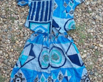 Vintage • Tumbleweeds Abstract Southwestern Clothing Set | Top Blouse Skirt Retro Ladies Size Large XL L Native American Blue Green | USA