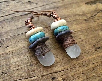Primitive Stone, Hemp and Seaglass earrings, sea glass earrings.
