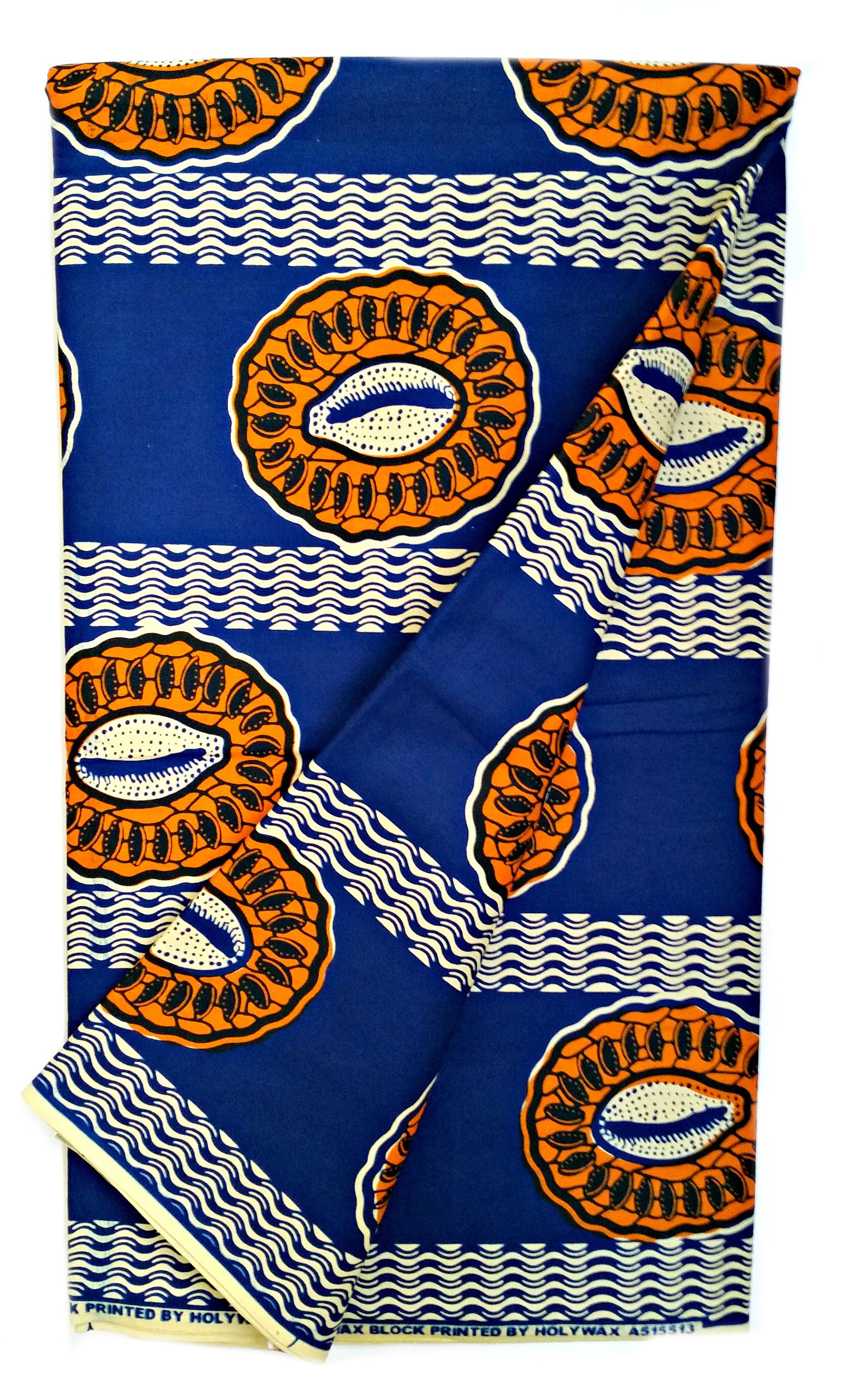 Sold By the Yard Blue Orange Cowrie Shell African Print